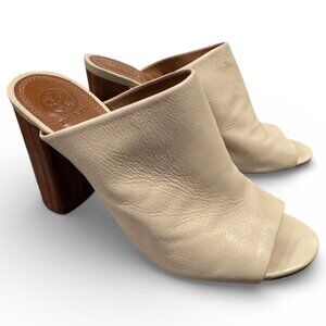 Tory Burch Raya Leather Open Toe Block Heel Mules Cream | Women’s 9.5 Designer